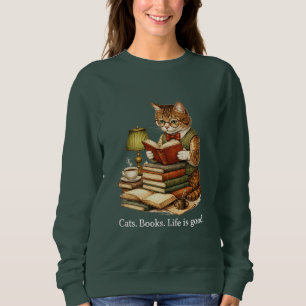 Sweatshirt Chandail Vintage Chat Lisant des Livres Pour Amate