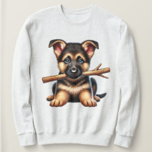 Sweatshirt Chiot berger allemand tenant un bâton dans sa bouc