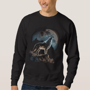Sweatshirt Graphisme Loup Regardant Lune Montagne pour Hommes