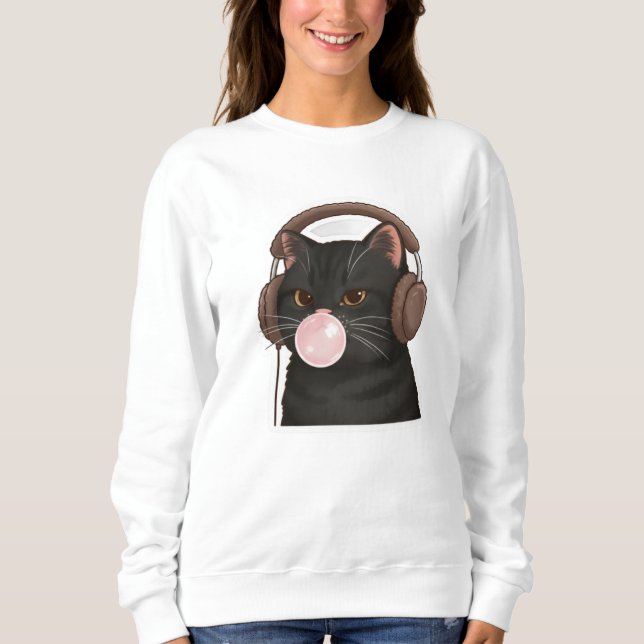 Sweatshirt Joli Chat Noir avec Écouteurs en Train de Faire de (Devant)
