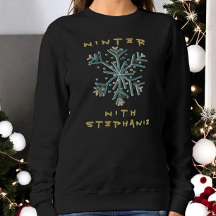 Sweatshirt Jolie typographie hiver flocon or turquoise simple