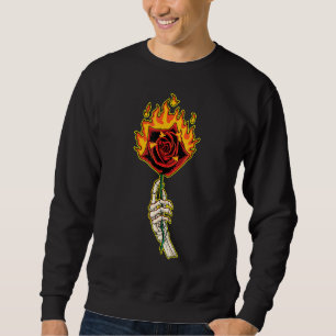 Sweatshirt Main de squelette avec fleur de rose en feu