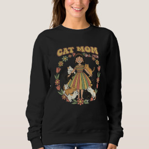 Sweatshirt Mère Chat Rétro Fleur Cercle Design Noir