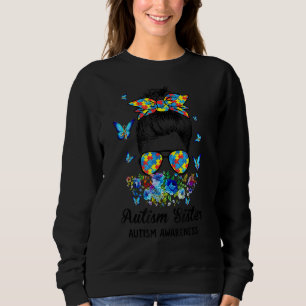 Sweatshirt Messy Bun Fière Autisme Soeur Ruban Puzzle Floral