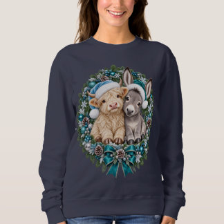 Sweatshirt Noël avec un veau des Highlands et un ânon