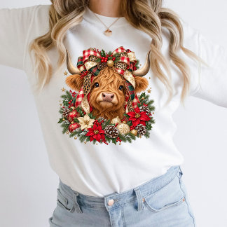 Sweatshirt Noël Fête Vache des Highlands Nœud Florales