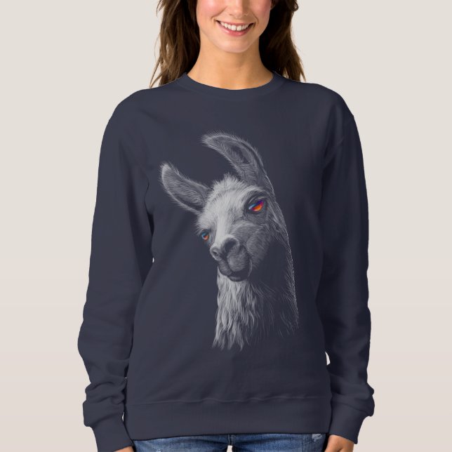Sweatshirt Portrait Tête Cute Llama avec Arrière - plan noir (Devant)
