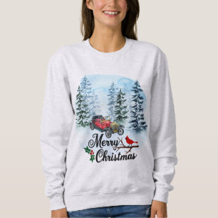 Sweatshirt Scène d'hiver Voiture Vintage et Cardinal Rouge