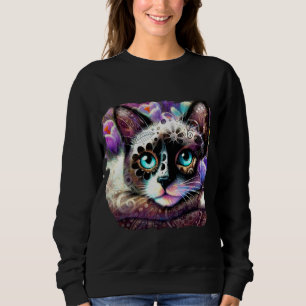 Sweatshirt Siamese Kitty Chat Crocus Floral Violet Turquoise