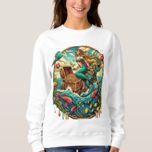 Sweatshirt Sirène assise sur un rocher avec un trésor ouvert