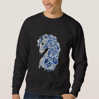Sweatshirt T-Shirt Cheval en Porcelaine Florale Bleue et Blan