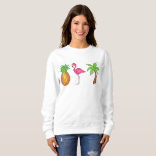 Sweatshirt Tropical Print Palm Tree Ananas Flamant rose rose