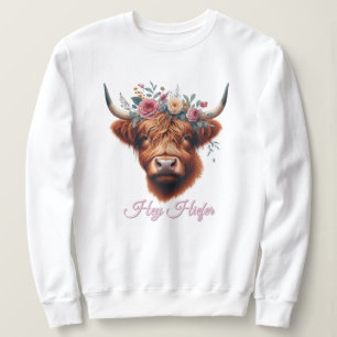 Sweatshirt Vache des hautes terres mignonne, florale/printani