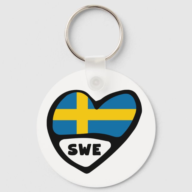 Sweden Country Code Flag Heart Keyring, SWE Keychain (Front)