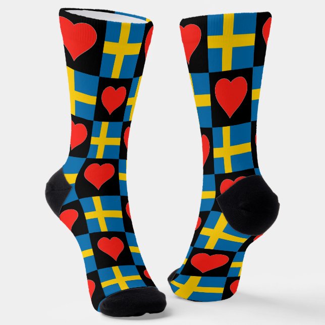 Sweden Flag Heart Pattern Fun Swedish Pride Socks (Angled)