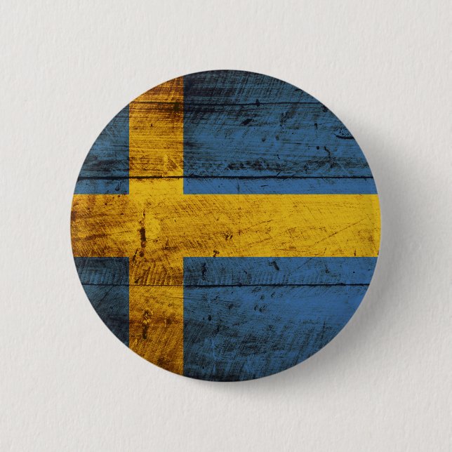 Sweden Flag on Old Wood Grain 2 Inch Round Button (Front)