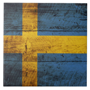 Sweden Flag on Old Wood Grain Tile