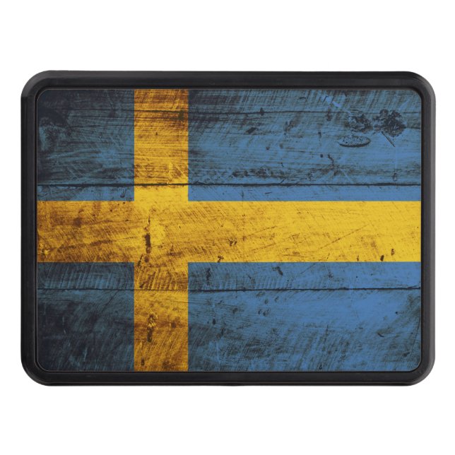 Sweden Flag on Old Wood Grain Trailer Hitch Cover (Front)