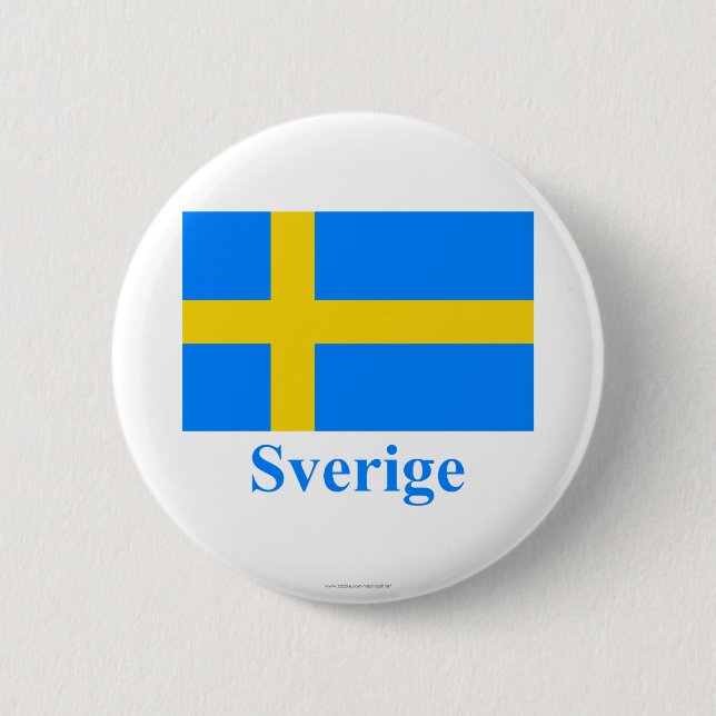 Sweden Flag with Name in Swedish 2 Inch Round Button (Front)
