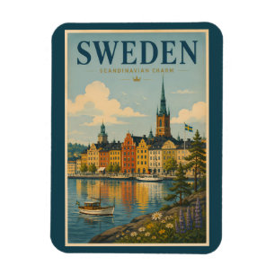 Sweden Landscape Illustration Travel Art Vintage Magnet