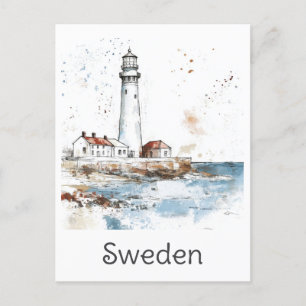Sweden Lighthouse Coast Watercolor Swedish Travel Postcard