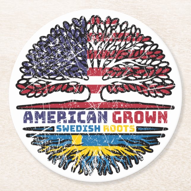 Sweden Swedish US American USA United States Tree Round Paper Coaster (Front)