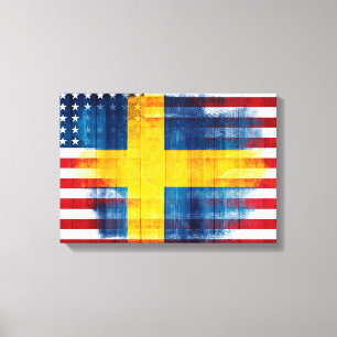 Swedish American Flag Wood Grain & Paint Strokes Canvas Print