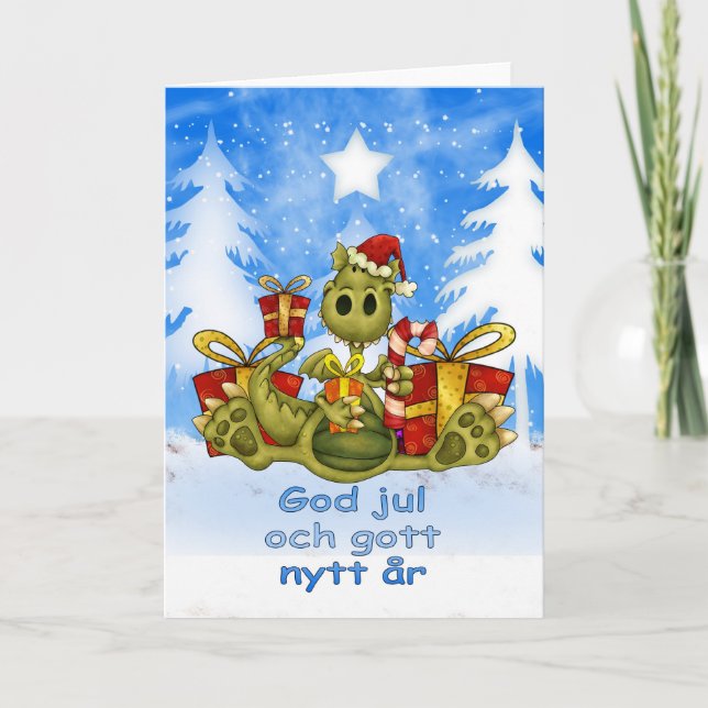 Swedish Christmas Card - Cute Dragon - God Jul (Front)