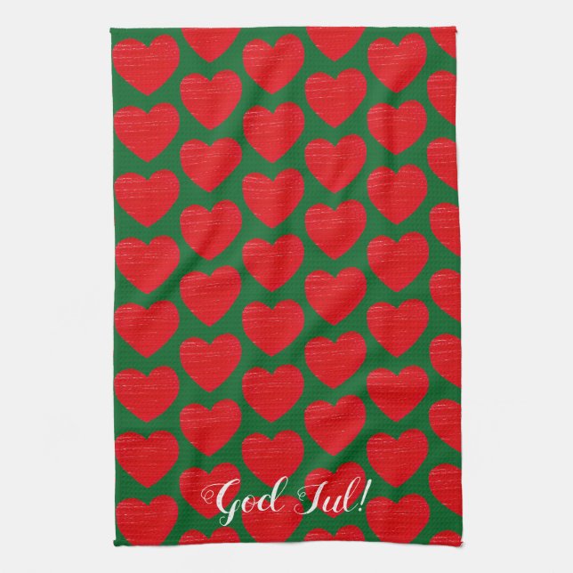 Swedish Christmas Red Heart Personalized Kitchen Towel (Vertical)