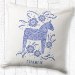 Swedish Dala Horse Art Blue Custom Name Throw Pillow<br><div class="desc">A pretty indigo blue and white Swedish Dala Horse painting.
Change or remove the name on the front to customize.</div>