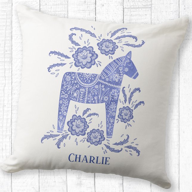Swedish Dala Horse Art Blue Custom Name Throw Pillow (Swedish Dala Horse folk art blue and white personalized name throw pillow)