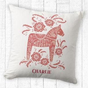 Swedish Dala Horse Art Custom Name Throw Pillow