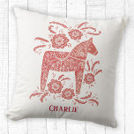 Swedish Dala Horse Art Personalized Throw Pillow<br><div class="desc">A pretty red and white Swedish Dala Horse painting.
Change or remove the name on the front to customize.  Original art by Nic Squirrell.</div>