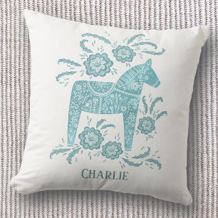 Swedish Dala Horse Art Teal Custom Name Throw Pillow