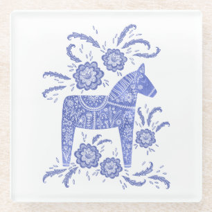 Swedish Dala Horse Blue and White Glass Coaster