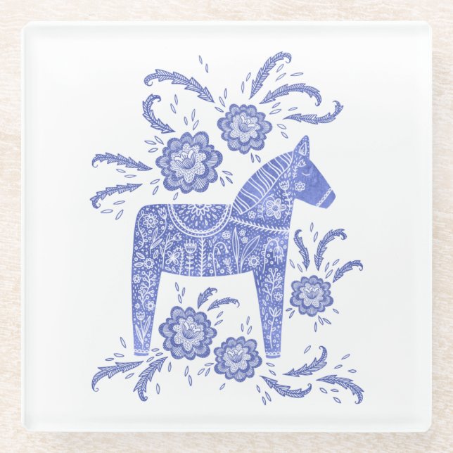 Swedish Dala Horse Blue and White Glass Coaster (Front)