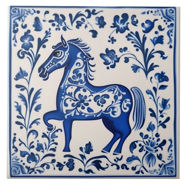 Swedish Dala horse Blue and White nouveau ceramic  Tile (Front)