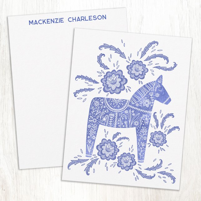 Swedish Dala Horse Blue and White Personalized Card (Personalized custom name or text Swedish Dala Horse blue and white folk art notecards)