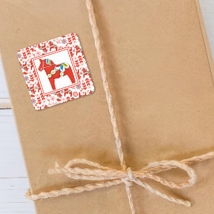 Swedish Dala Horse Christmas   Folk Art Square Sticker