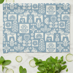 Swedish Dala Horse Collage in Slate Blue Kitchen Towel