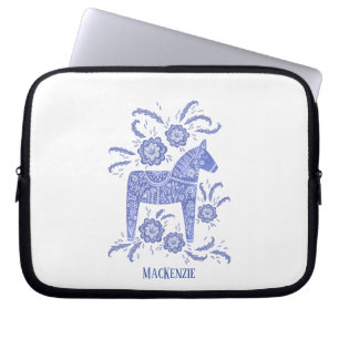 Swedish Dala Horse Custom Name Blue Laptop Sleeve