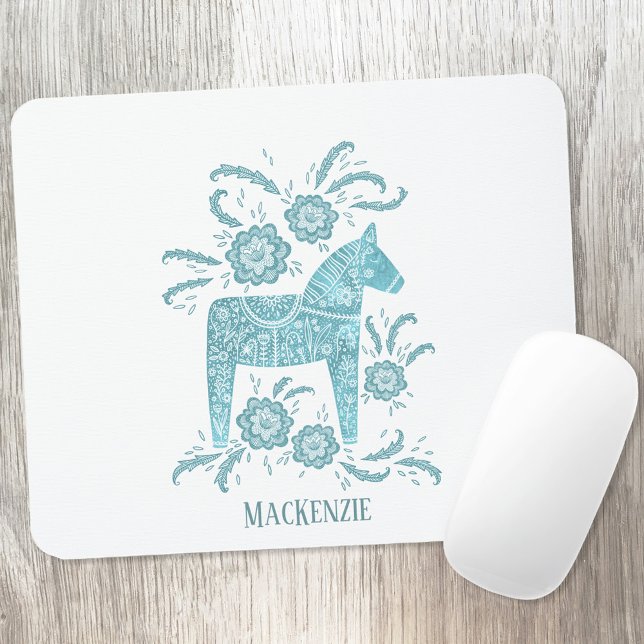 Swedish Dala Horse Custom Name Teal Mouse Pad (Swedish Dala Horse personalized name teal green art mousemat)