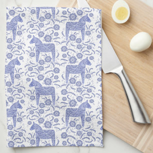 Swedish Dala Horse Folk Art Blue Kitchen Towel
