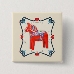 Swedish Dala Horse Folk Art Framed 2 Inch Square Button