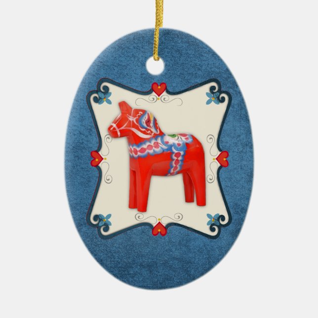 Swedish Dala Horse Folk Art Framed Ceramic Ornament (Front)