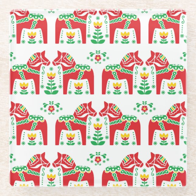 Swedish Dala Horse: Folk Art Glass Coaster (Front)