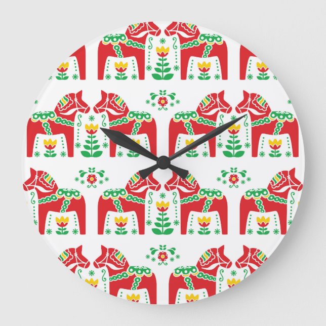 Swedish Dala Horse: Folk Art Large Clock (Front)