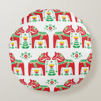 Swedish Dala Horse: Folk Art Round Pillow