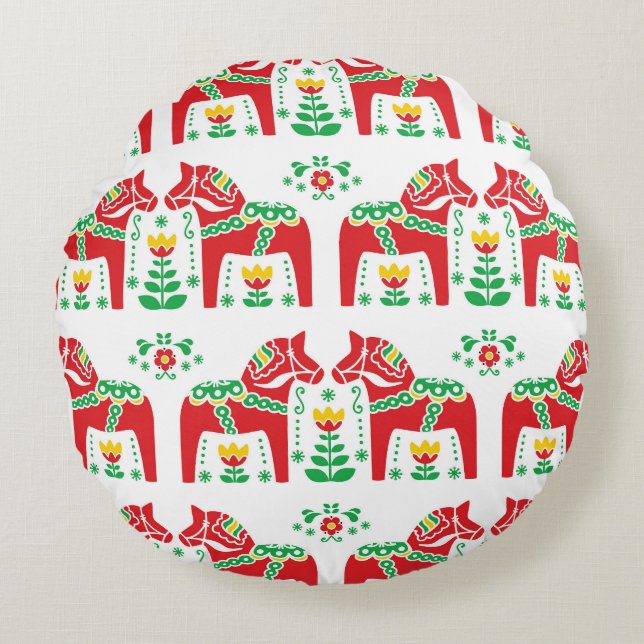 Swedish Dala Horse: Folk Art Round Pillow (Front)