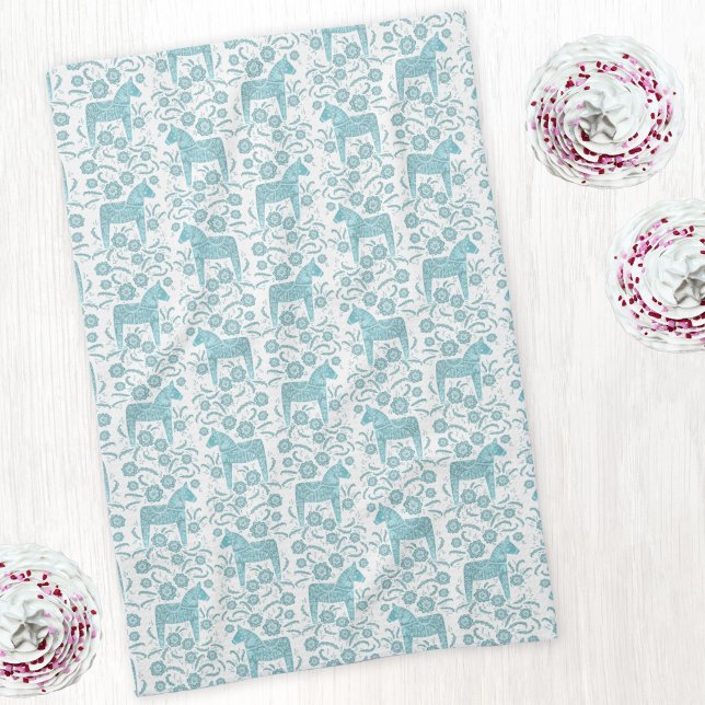 Swedish Dala Horse Folk Art Teal Green Kitchen Towel (Swedish Dala horse teal green and white art kitchen tea towel)
